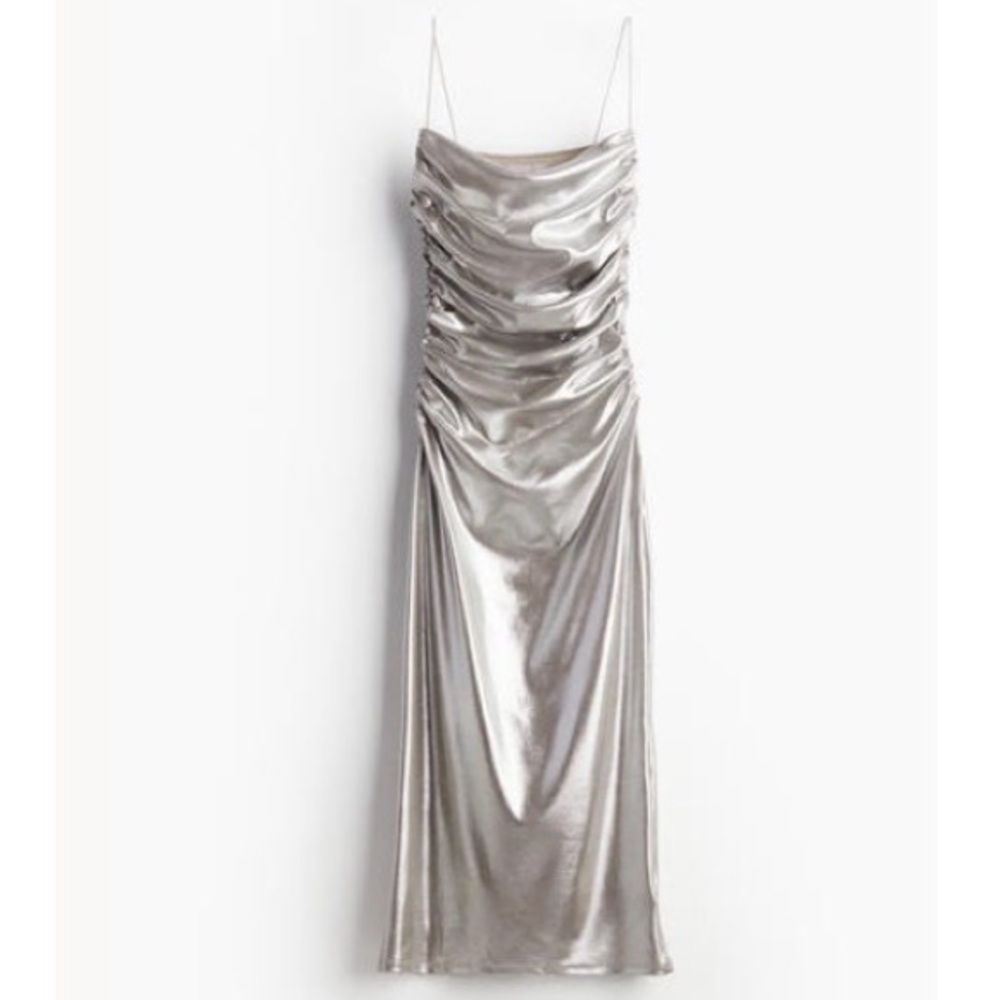 H&M Silver Satin Ruched Strapless Slip Dress